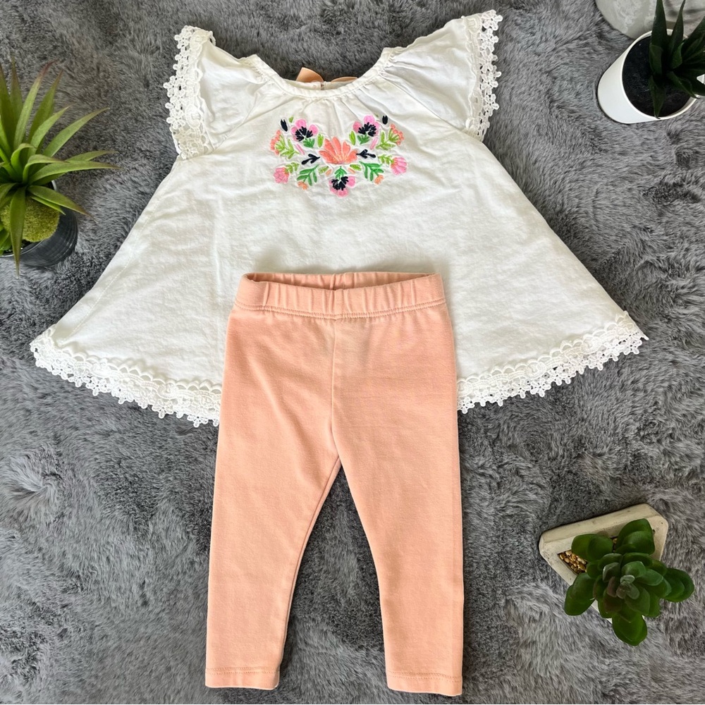 Flowy Floral Embroidered Top with Lace Details with Matching Leggings -0-3M